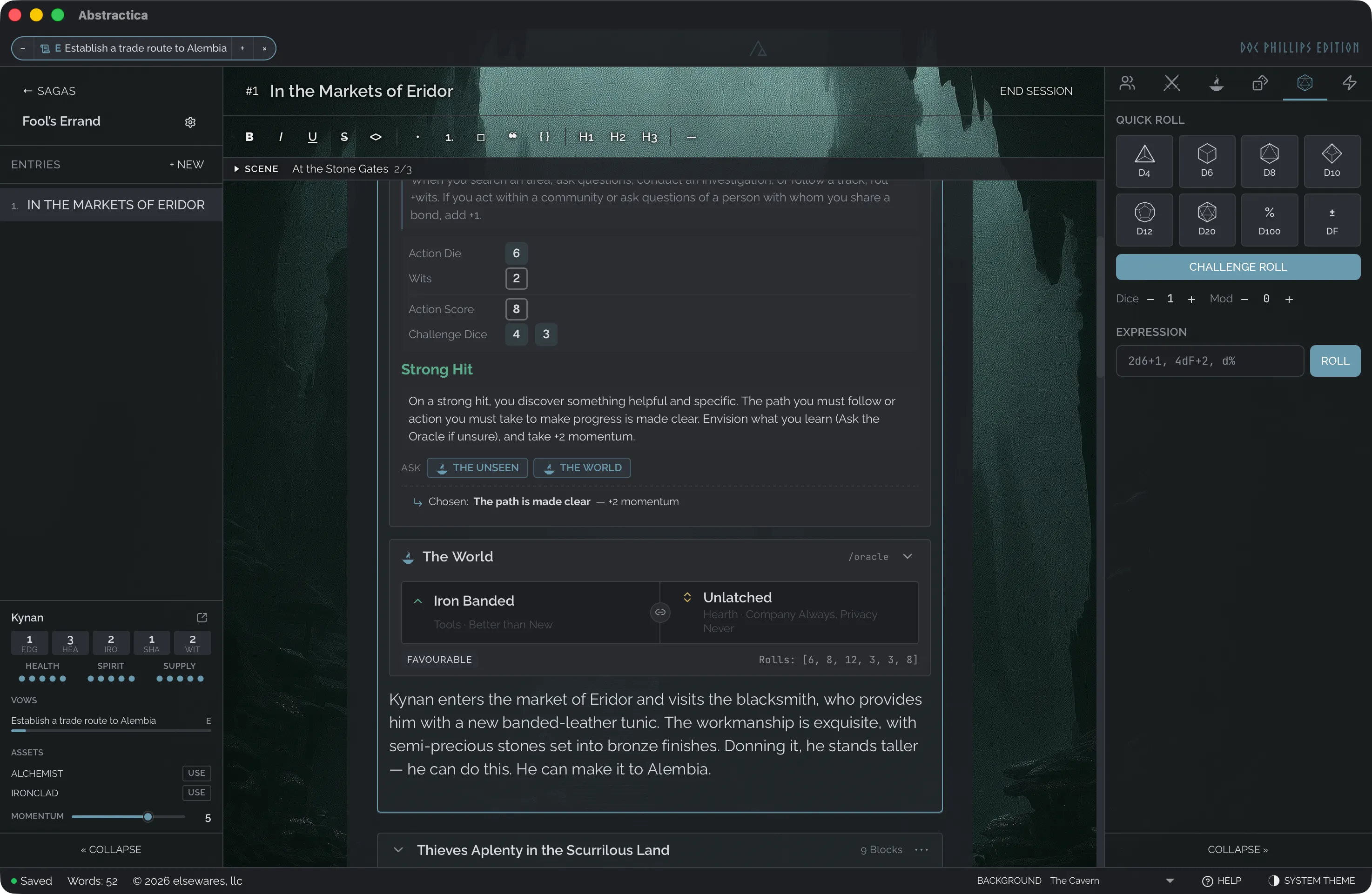 Abstractica during an Ironsworn session: the character's stats, resources, vow and momentum in the sidebar, and in the journal a resolved move and an oracle's answer above the prose written after them.